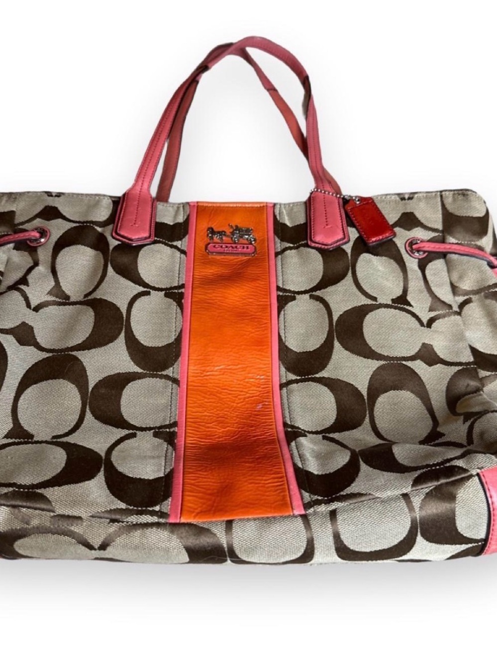 Coach Brown Signature Canvas Tote with Pink Handles and Orange Center Panel